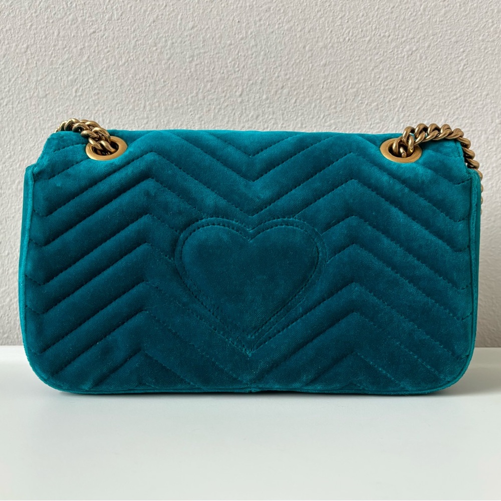 Gucci Velvet Matelasse Embroidered Small GG Marmont Shoulder Bag Pavone Cyan - Picture 4 of 15